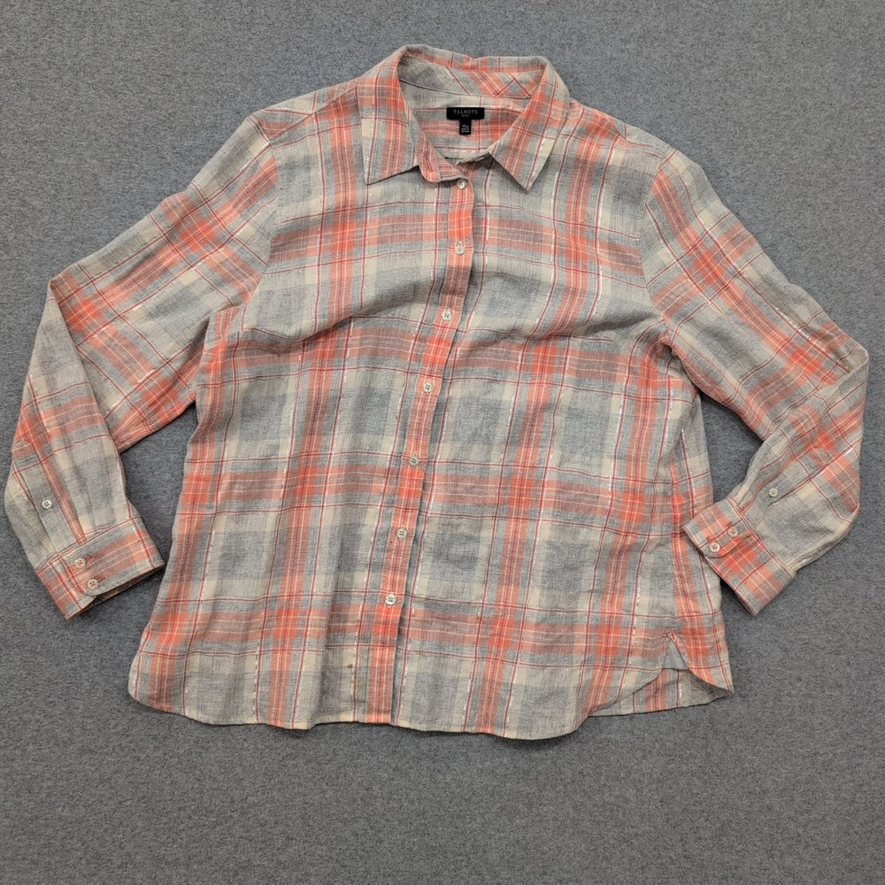 Talbots Petite Plaid Button Down Shirt Women's XL Coral Gray Metallic - Picture 1 of 4